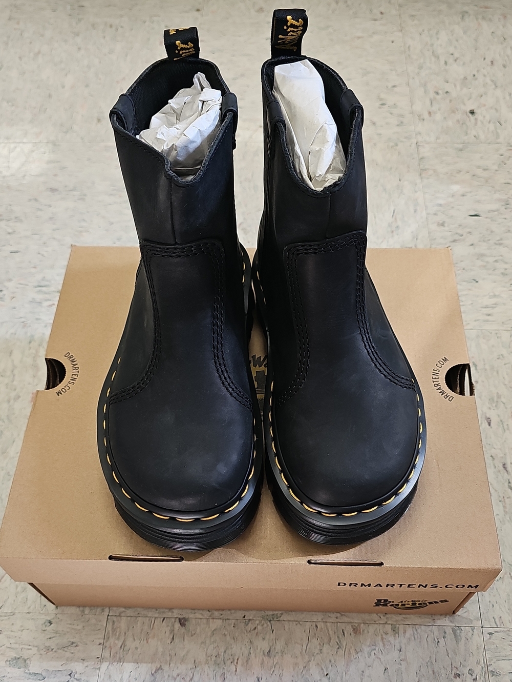 Dr. Martens Black Chelsea Platform Boots with Yellow Stitching
